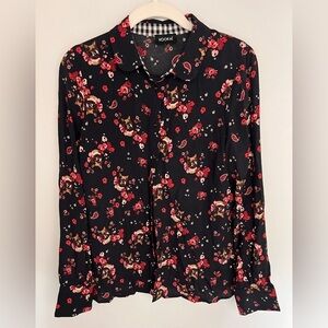 KOOKAI 8 36 women’s button down black long sleeve top cat flower print